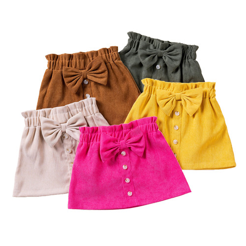 Best-selling Spring and Autumn Girls' Semi-body Skirt, Corduroy Solid Color Bow Button-down Stylish Baby Girls' Short Skirt