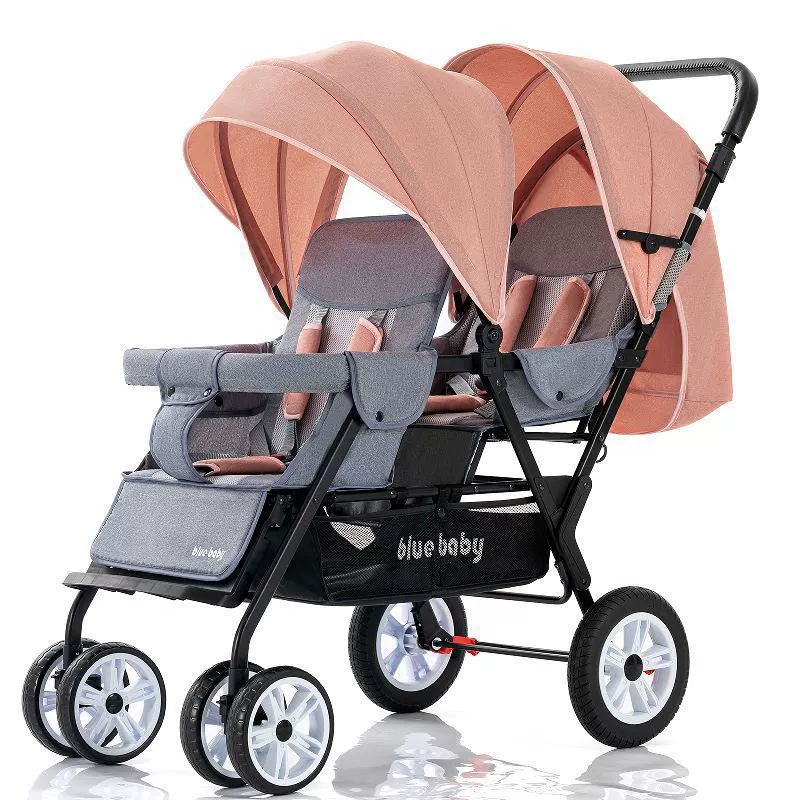 Folding stroller for twins, children's trolley for double with seat, can sit and lie