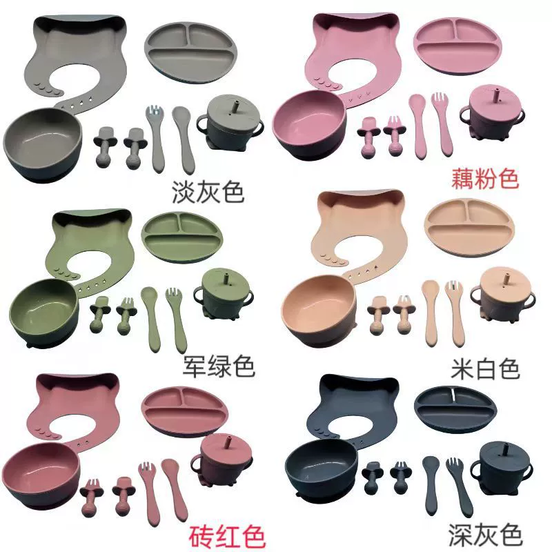 Трансграничный новый продукт, детская посуда, набор из восьми предметов, силиконовая решетка, тарелка, детская посуда для кормления ребенка, вилка, ложка, присоска, миска