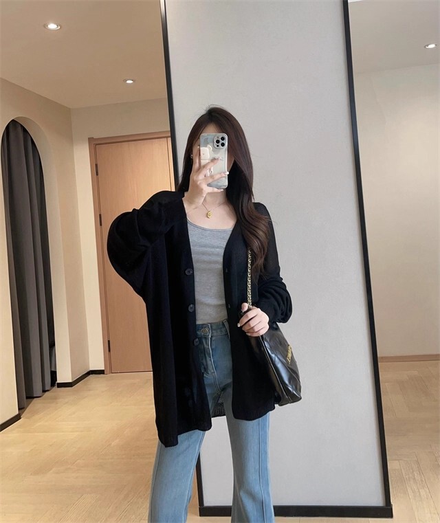KK941慵懒气质宽松显瘦落肩V领中长款轻薄针织开衫外套女2025秋|undefined