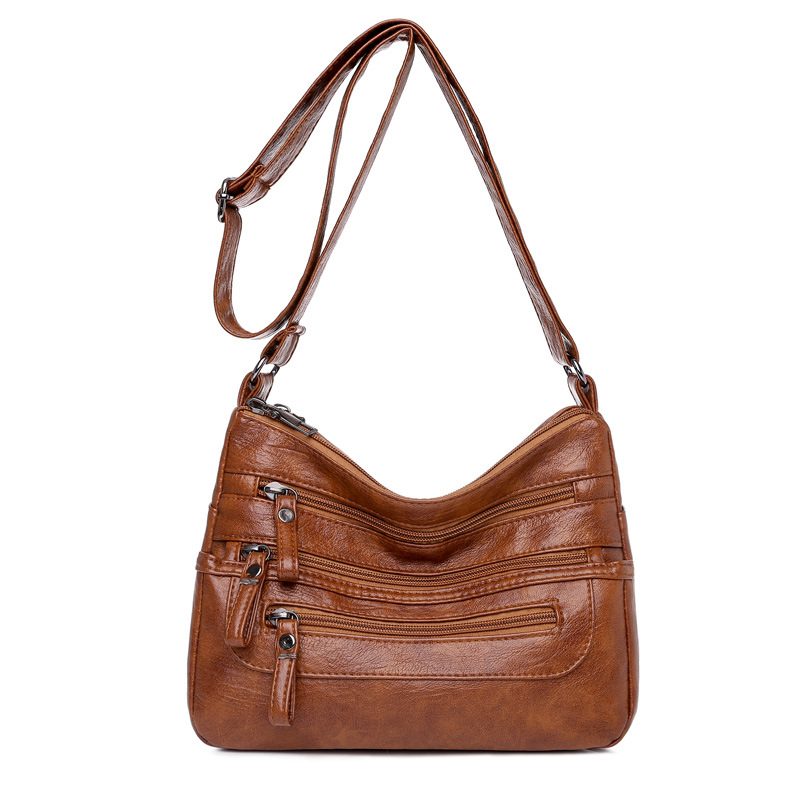 Bolso de hombro de mujer de cuero lavado de gran capacidad nueva mochila de mujer de múltiples capas de moda bolsa de mensajero de cuero suave simple ligero de moda