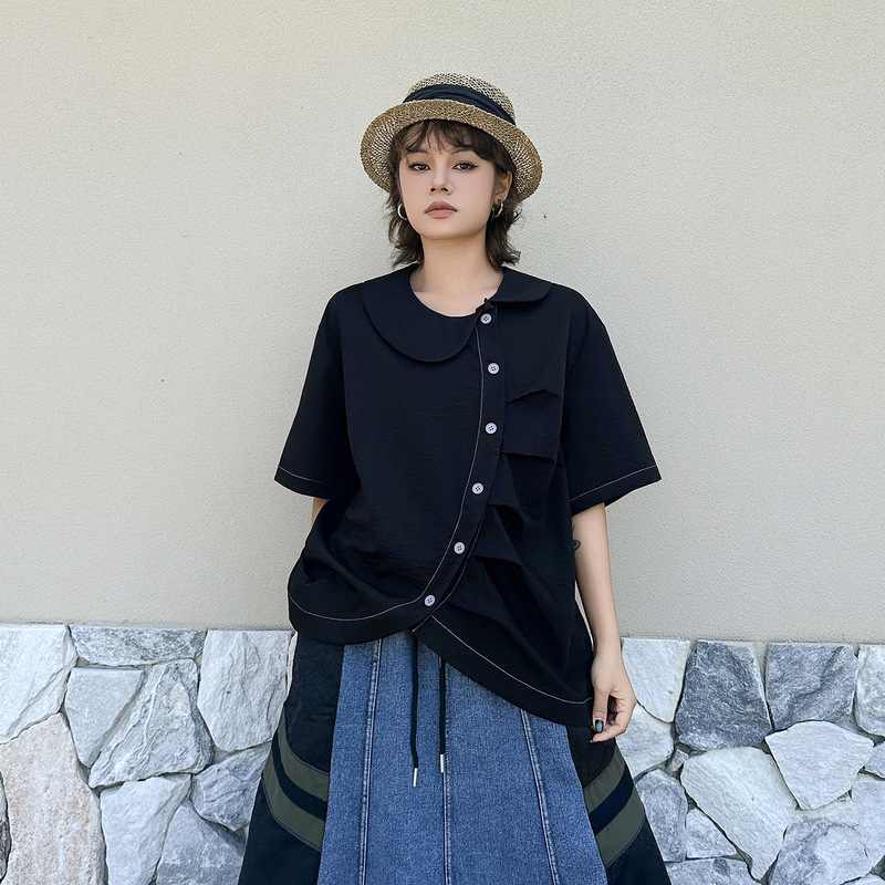260345 Retro College Style Solid Color Shirt, Summer Cute Solid Color Pleated Irregular Design Versatile Top 260345 Retro College Style Solid Color Shirt, Summer Cute Solid Color Pleated Irregular Design Versatile Top
