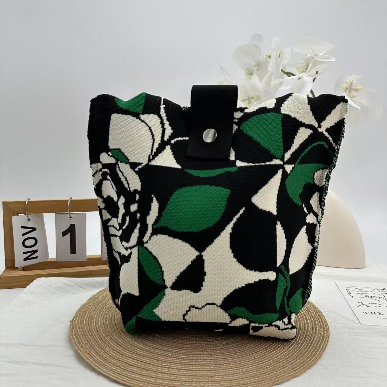 Geometric Knit Structured Large Capacity Basket Tote Bag 11
