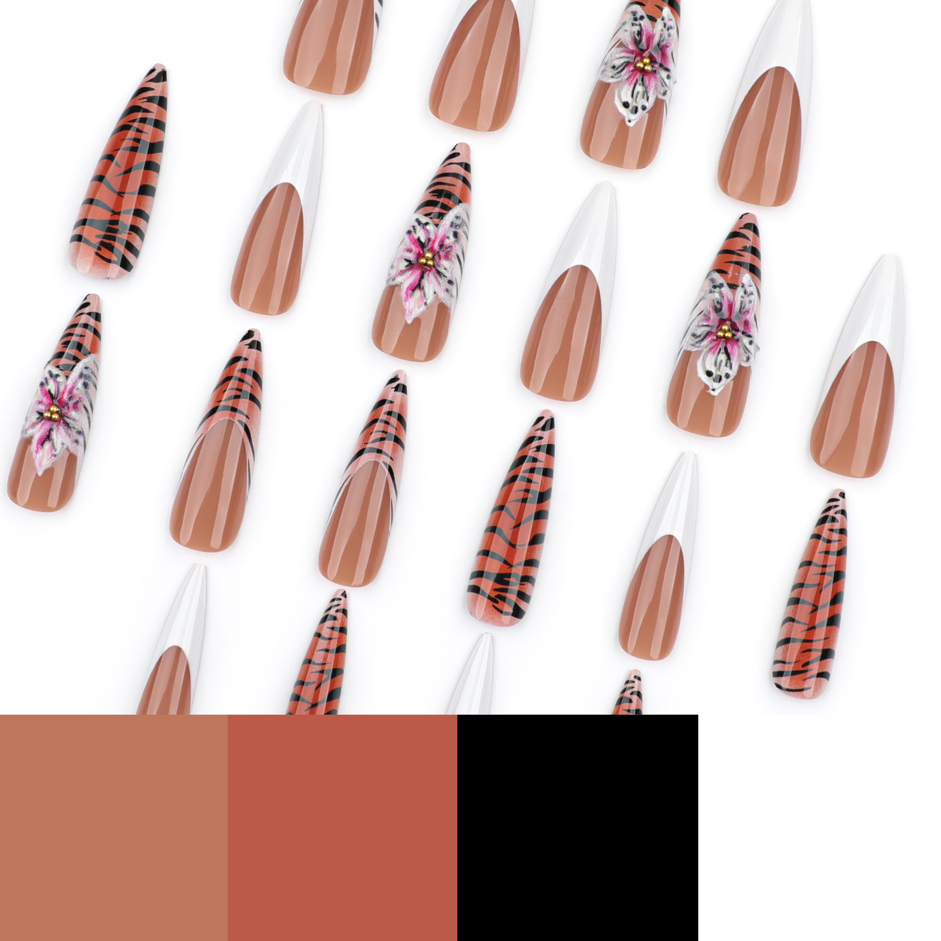 Manicura francesa informal de otoño e invierno, pieza blanca para vestir, estampado de leopardo, uñas con flores 3D_voghion.com