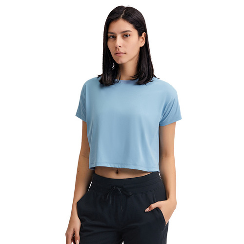 Euro-American Style Sexy Midriff-Baring Short Yoga T-Shirts for Women – Quick-Dry, Loose-Fit, Breathable Outdoor Sports & Fitness Wear DS071