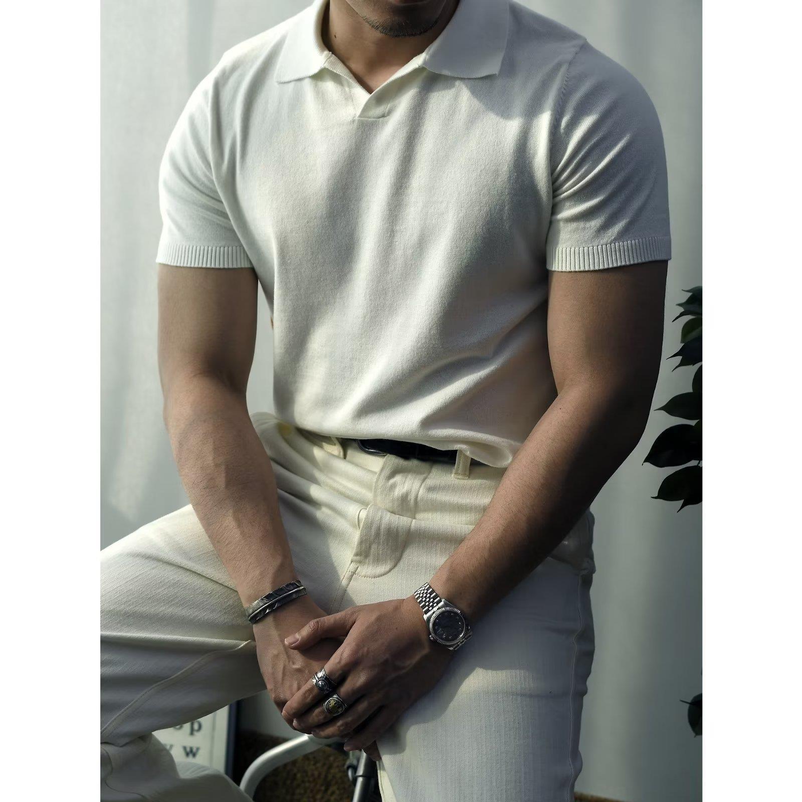 Tejedido de verano lujoso fresco camiseta de manga corta marca de moda hombre solapa de moda coreana casual T camiseta de color sólido polo