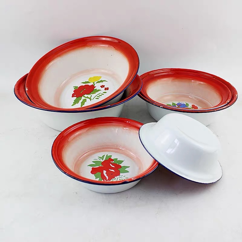 Vasija blanca profunda palangana floral de esmalte doméstico maceta vintage de restaurante cuenco de esmalte nostálgico