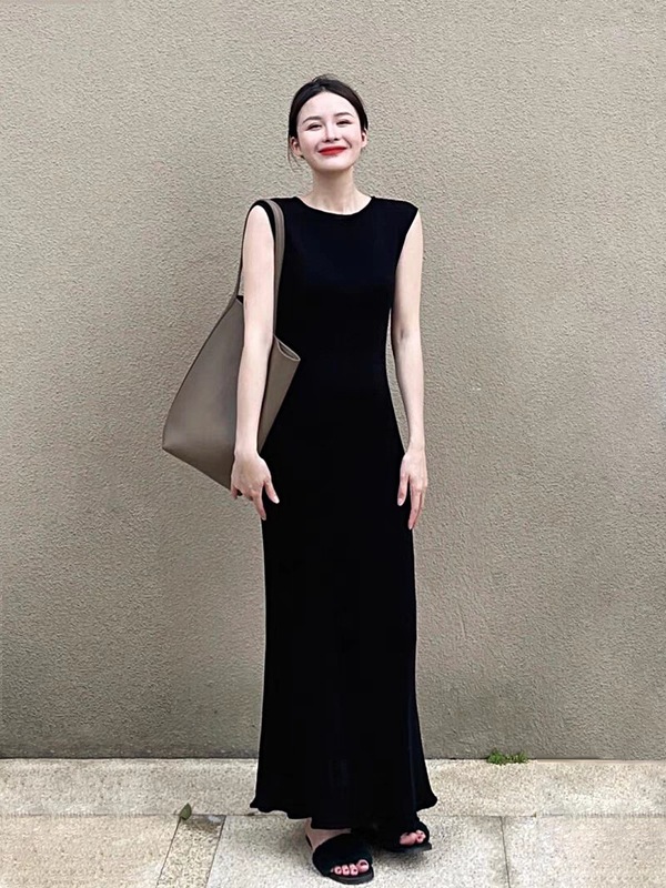 フランス式黒修身ワンピース女性夏高級精致ヘボン風ロングスカート綺麗気質オープンベストスカート|undefined
