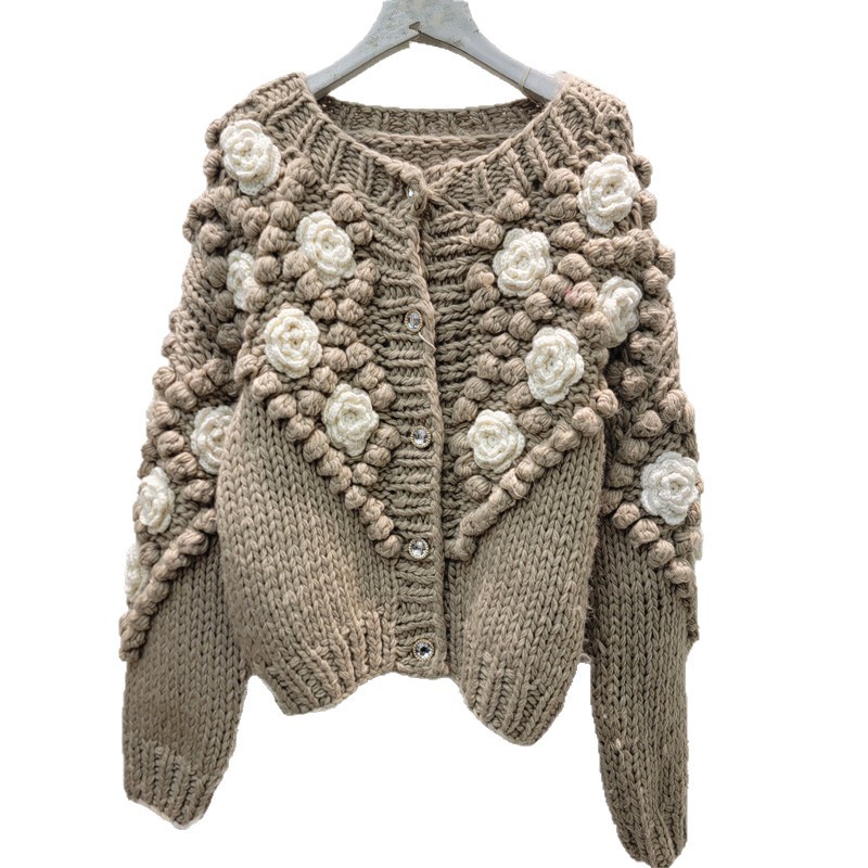 Aguja de barra pesada línea gruesa hecha a mano marca flor estereoscópica flor bola de punto cardigans abrigo suéter grueso image 5