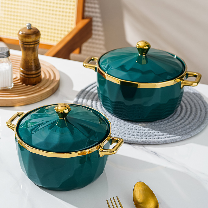 Luz de lujo Esmeralda borde dorado hogar tazón de sopa de cerámica personalidad creativa instantánea fideos tazón con tapa Internet celebridad vajilla doble oído tazón
