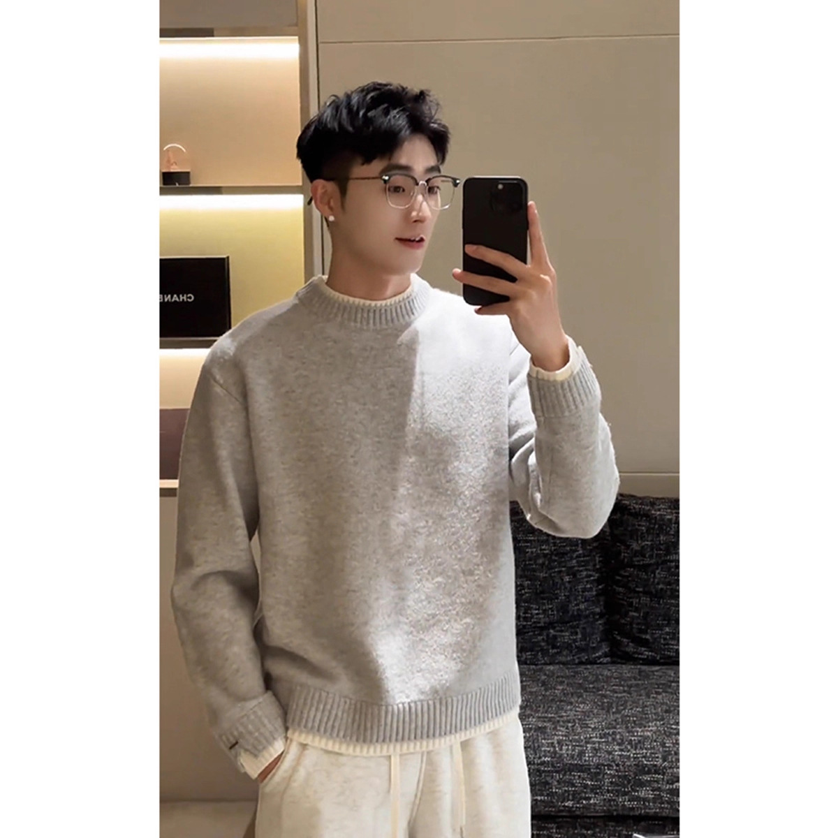 Autumn and Winter New Style Ins-Inspired Fake Two-Piece Patchwork Henry Collar Knit Sweater for Men, Loose Casual Versatile Solid Color Crew Neck Sweater