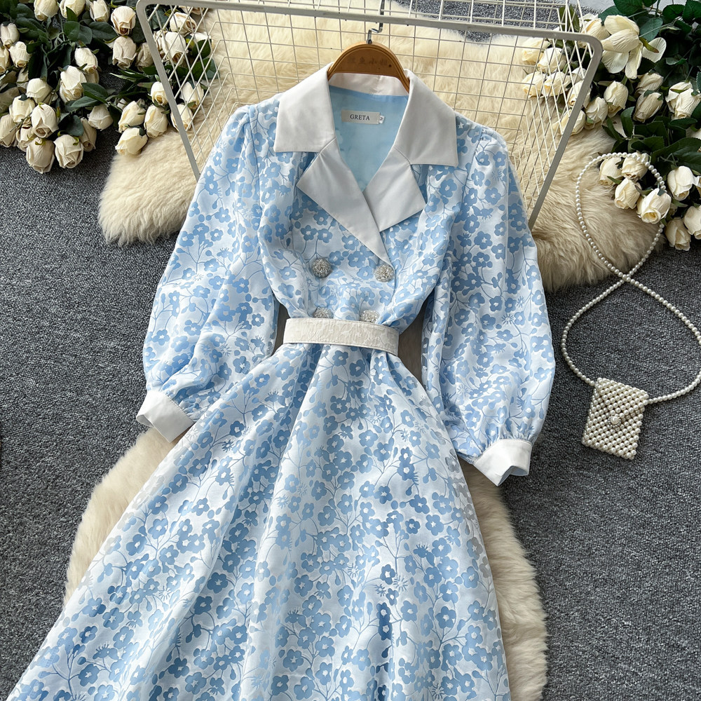 French Style Elegant V Neck Floral Dress, Korean Style, Long Sleeves, Lapel Collar, Fitted Waist, A Line Long Skirt, Sophisticated And Suitable For Commuting._ecoleips.com