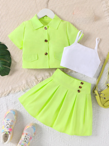 Fashionable Girl's Collared Fluorescent Color Set 3-Piece Tank Top + Collared Shirt and Skirt Set