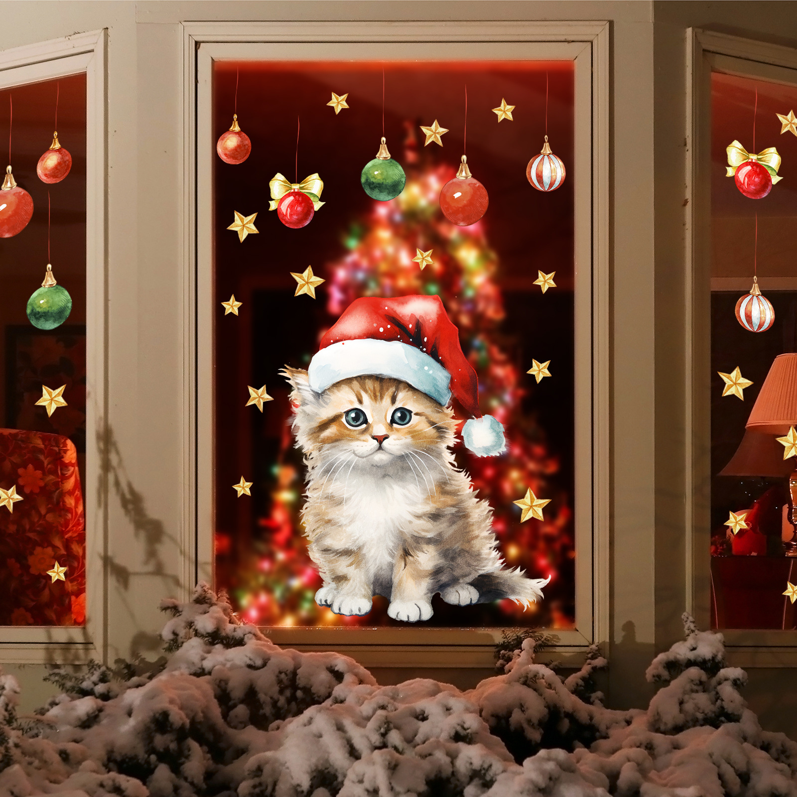 Adesivo de parede de natal com gatinho e boneco de neve_voghion.com