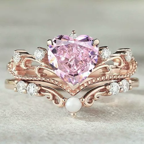 Sanjie AliExpress New Rose Gold Crown Ring Inlaid with Pink Love Zircon Ring European and American Women's Jewelry