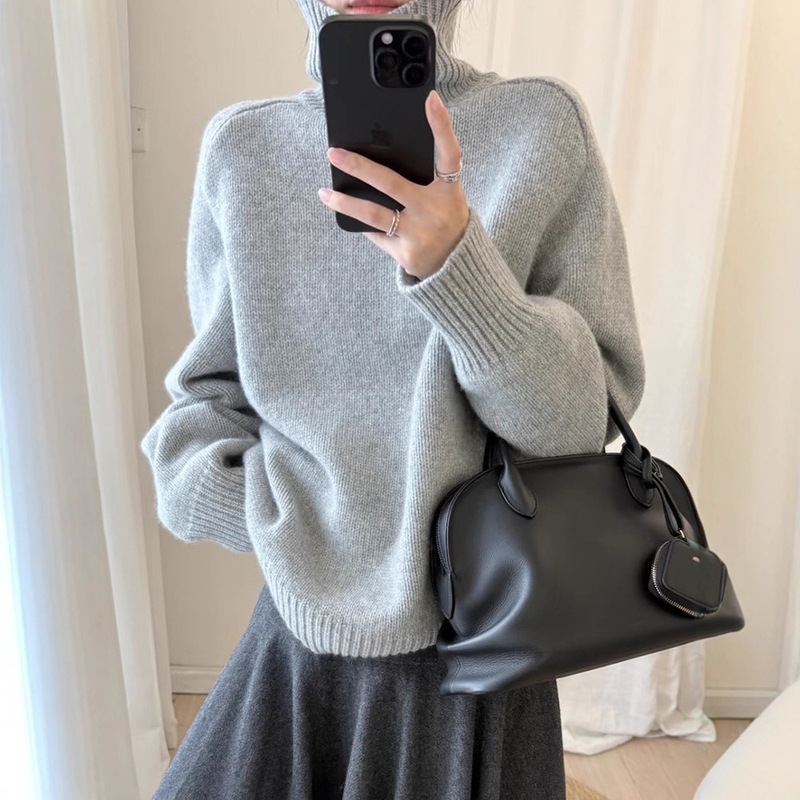 Merino Pure Wool Sweater for Women, Autumn and Winter, Loose Knit Sweater with a Stacked Collar, New Style 26, Women's Lazy Style Top
