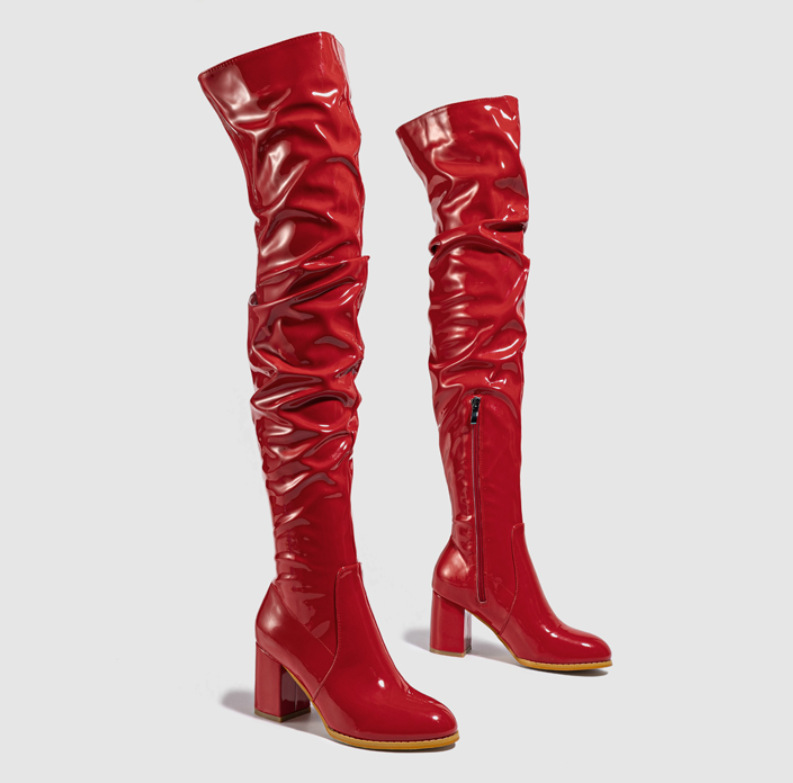 Novi ženski škornji, nagubani lakasto usnje, škornji čez kolena z debelo peto in stransko zadrgo_voghion.com