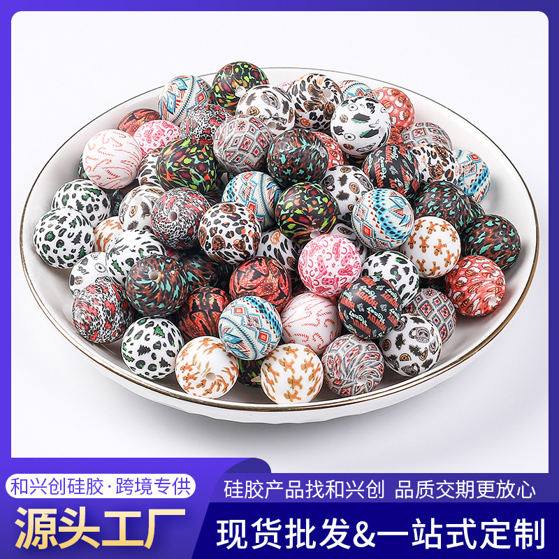 工厂新款菱格纹硅胶珠子15mm水转印豹纹手链串珠饰品硅胶散珠批发