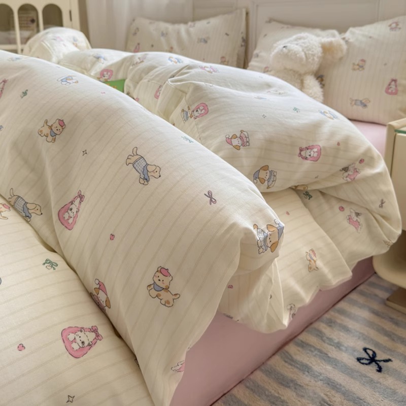 Cama de hilo de doble capa de algodón estilo ins Juego de cuatro piezas Funda de edredón de algodón puro para niños 2025 Nuevo juego de tres piezas de dormitorio de sábanas