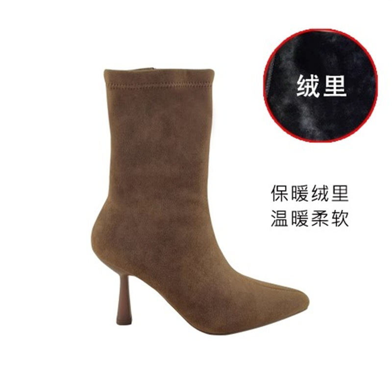 高跟短靴女2025春秋细跟中筒瘦瘦靴小方头显瘦气质绒面弹力靴|undefined