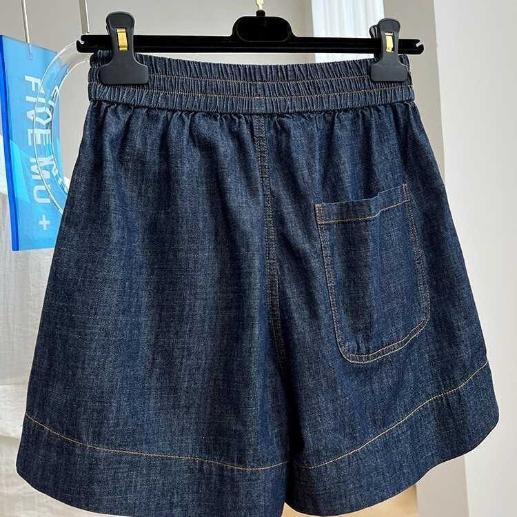 European High-End Elastic Waist Casual Denim Shorts for Women, Summer Thin Loose High-Waisted A-Line Wide-Leg Hot Pants Trendy