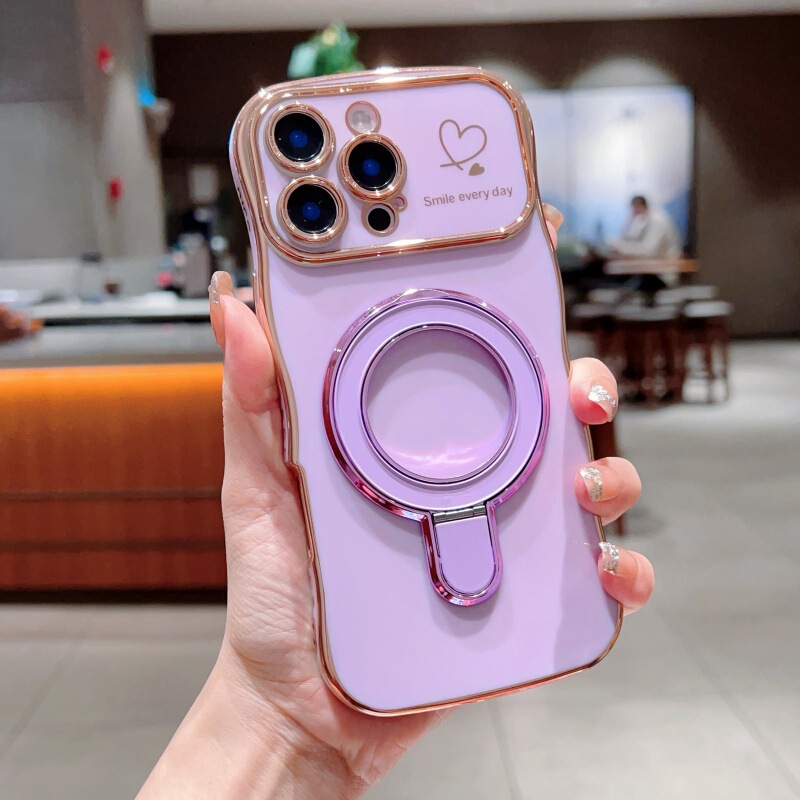 iPhone17Promax対応 波型ハート型スマホケース Apple15対応 メッキ磁気スタンド付き 落下防止保護ケース|undefined