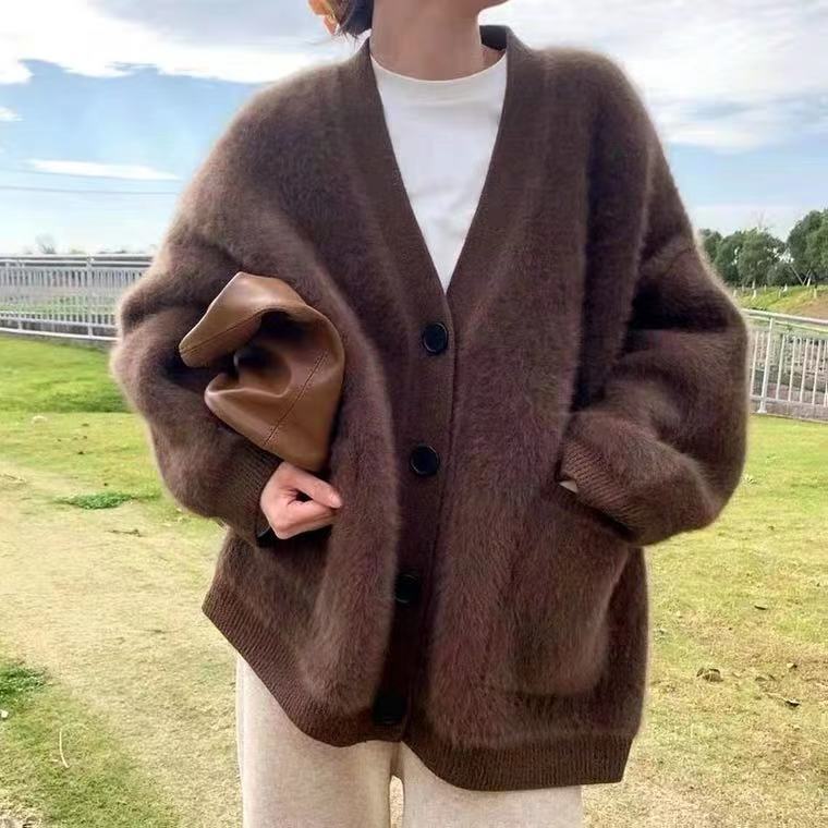 2025 Autumn and Winter Women's Casual Thickened Mink Fur New Knitted Jacket Korean Style Loose Temperament Sweater Cardigan