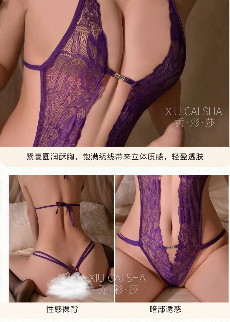 Plus Size Lace One-Piece Lingerie, Sheer Purple Bodysuit with Black Stockings — detail image 6