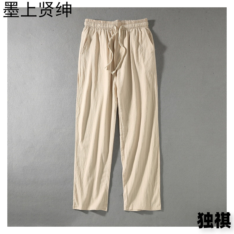 Pantalones de lino de talla grande para hombre, pantalones de pierna ancha holgados de pierna ancha de estilo chino más gordos, pantalones casuales de lino de algodón gordo