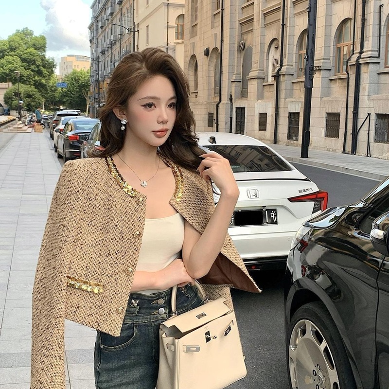 亮片精致小香风套装女小个子新款轻奢气质粗花呢外套半身裙两件套|undefined