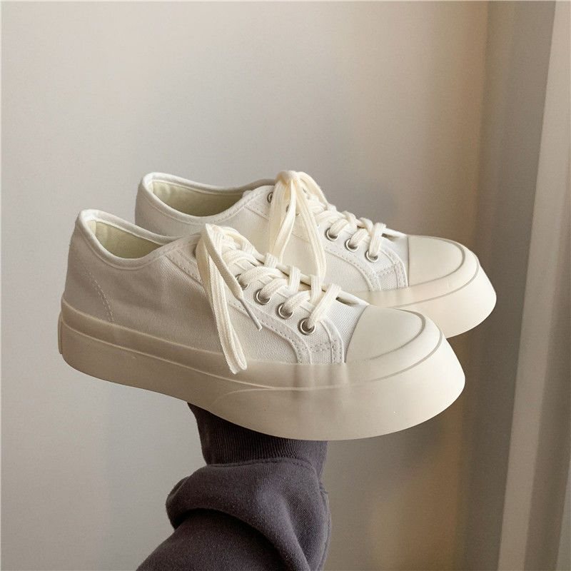 Cute Japanese-Style Canvas Shoes with Thick Soles, Versatile and Quirky, Big-Toe Shoes for Spring and Summer, Low-Top Trendy Round-Toe White Sneakers