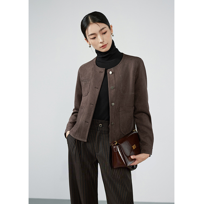 Autumn 2025 New Style Unstructured Retro Suede Jacket for Women, Old Money Style Textured Commuter Short Coat