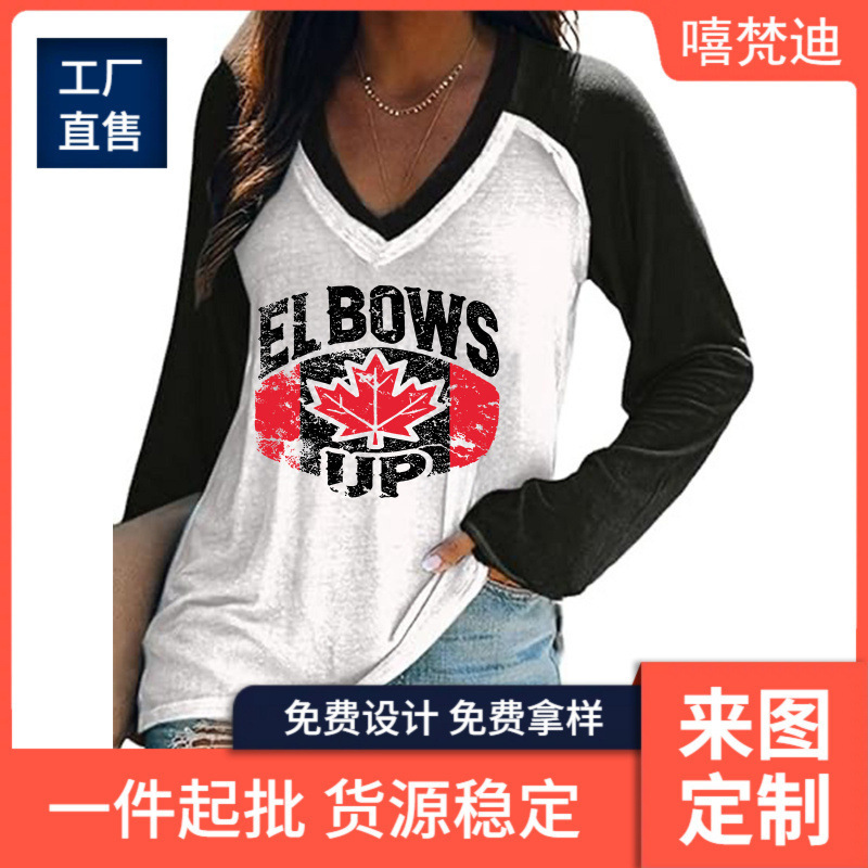 European and American 3D Digital Printing with Canadian Baseball Elements, Simple and Versatile Fashion Wear for Women, V-Neck Long-Sleeved T-Shirt