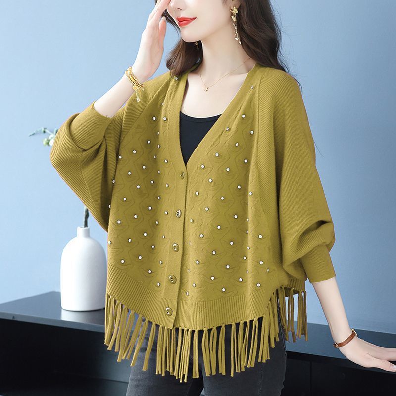 Beaded Knitted Cardigan Spring & Fall Loose Large Size Belly-Covering Top Fashionable Fashionable Tassel Sweater Jacket for Women Beaded Knitted Cardigan Spring & Fall Loose Large Size Belly-Covering Top Fashionable Fashionable Tassel Sweater Jacket for Women