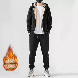 卫衣套装男士宽松宽松纯色男保暖运动休闲裤开衫大码外套两件装潮