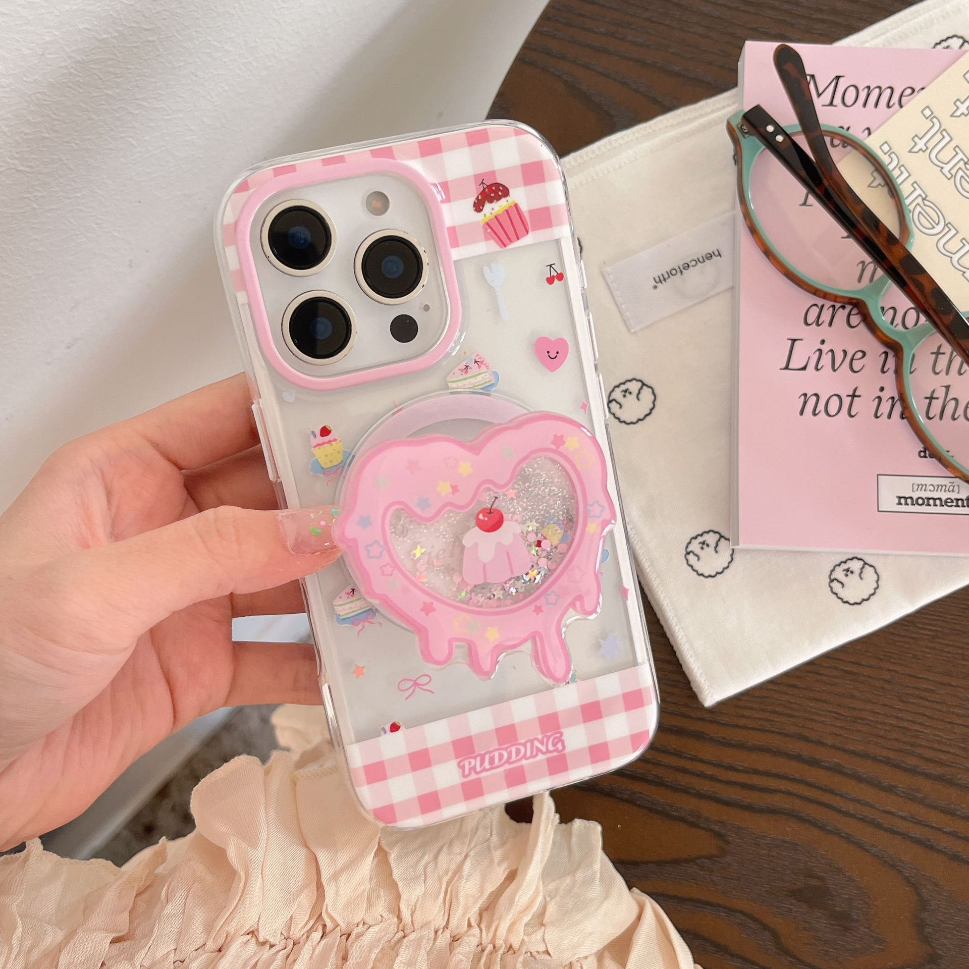 Postre de costura de cuadros en polvo de dibujos animados para Apple 16ProMax funda para teléfono móvil 15Pro transparente 14/13 magnético 16