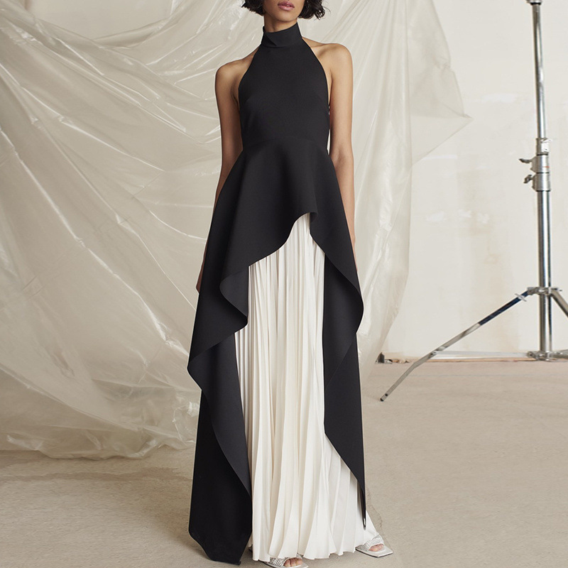 French style halter evening dress for ladies light luxury black and white contrast color long pleated dress suit black engagement toast dress