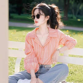 2025蛇年本命年衣服早春法式轻奢条纹泡泡袖衬衫高级感漂亮上衣潮
