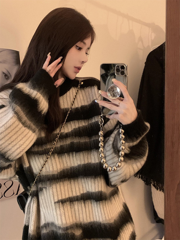 宽松慵懒风条纹休闲软糯上衣复古撞色中长款打底针织衫毛衣女秋冬|undefined