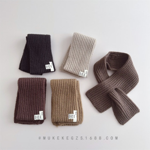 Japanese Style Simple Style Children's Knitted Scarf Autumn and Winter Cloth Standard Solid Color Wool Scarf Warm Cross Scarf for Boys and Girls