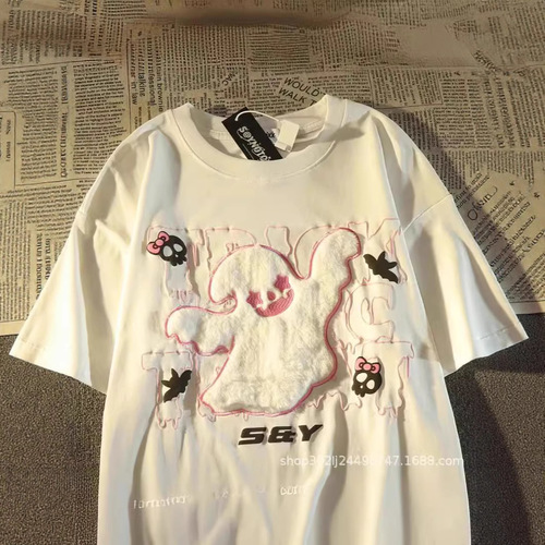 Spring Season Cute Plush Cotton Loose Casual Short Sleeve T-Shirt Trend Brand Live Streaming