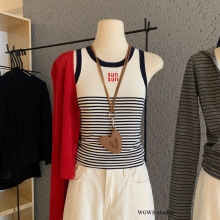 WGWE早秋韩系时尚复古撞色条纹百搭修身显瘦无袖针织背心女W7028