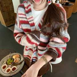 韩系撞色条纹连帽毛衣开衫女秋冬季新款宽松针织外套上衣女装穿搭
