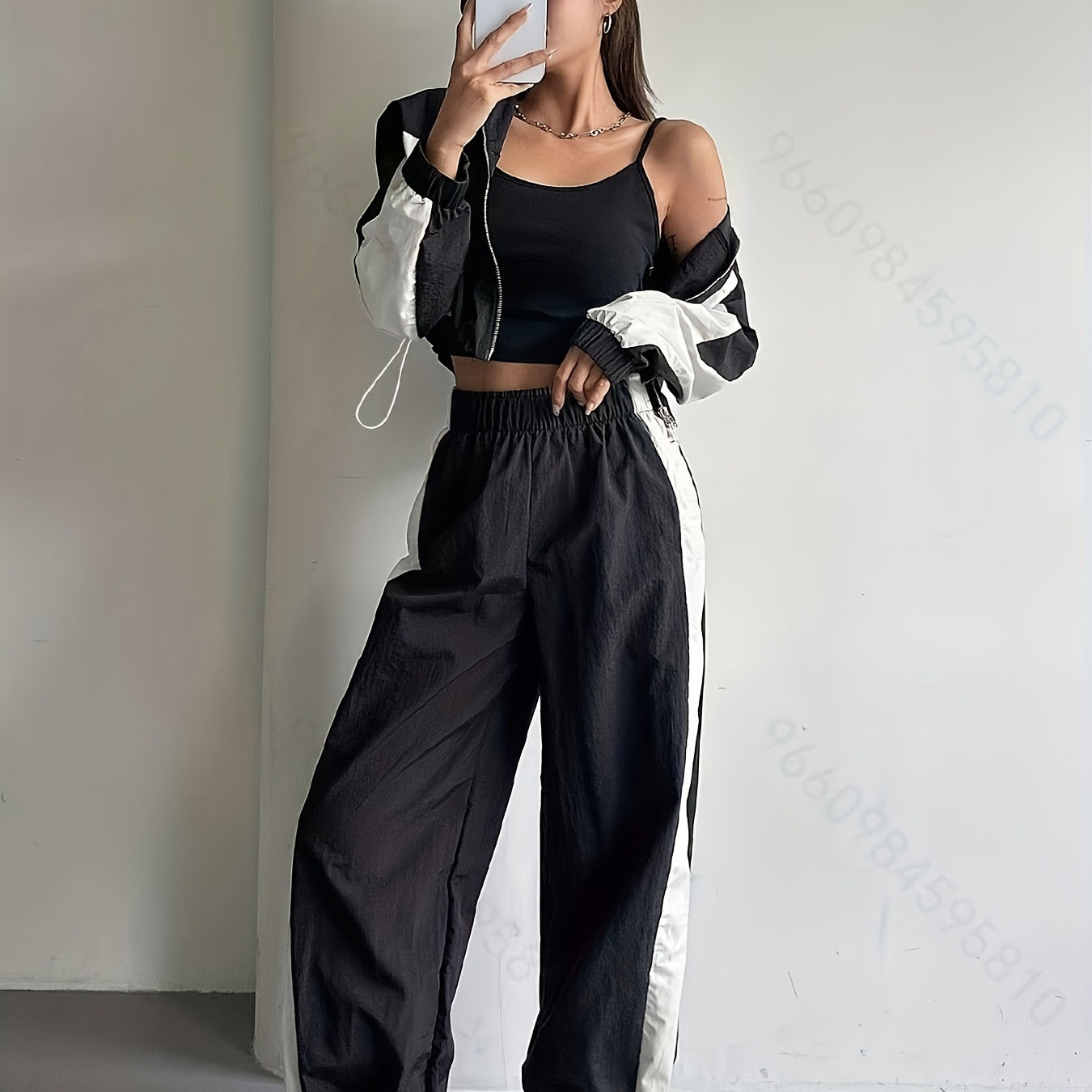 European and American Cross-Border 2026 Women's Clothing Spring and Autumn New Style Black and White Color-Blocking Elastic Drawstring Fashion Casual Sports Suit
