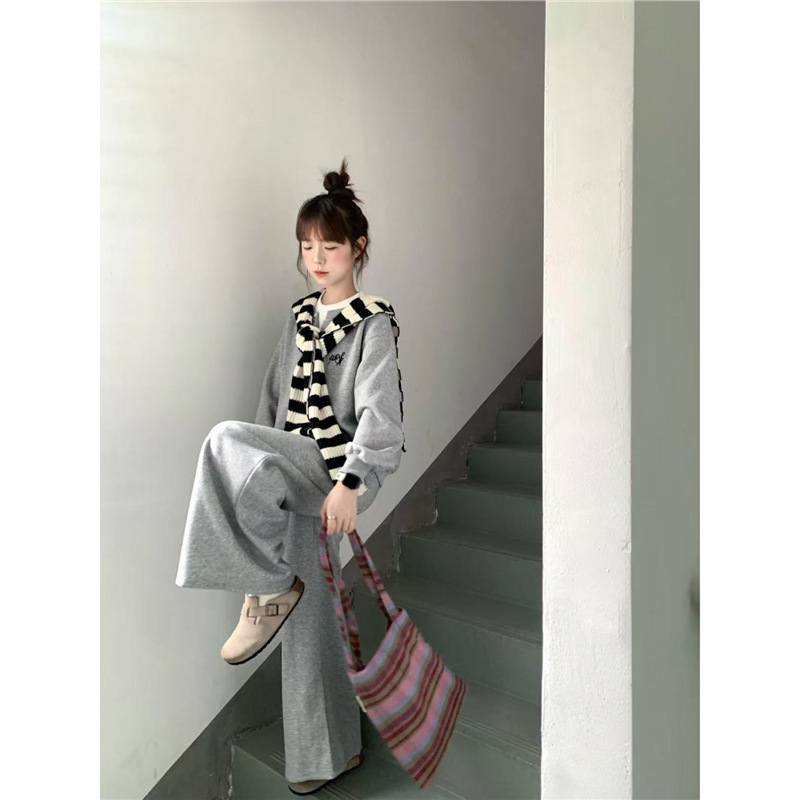 灰色带披肩长袖卫衣女套装2025秋冬新款慵懒宽松休闲运动三件套潮|undefined