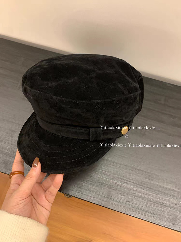 批发入秋氛围感美拉德棕色麂皮绒平顶八角帽子女秋冬复古英伦帽潮|undefined
