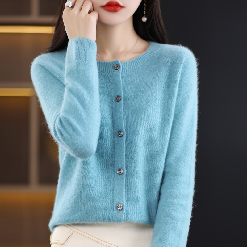 Cárdigan de Punto de Lana para Mujer Lana Cuello Redondo, Manga Larga para Otoño e Invierno