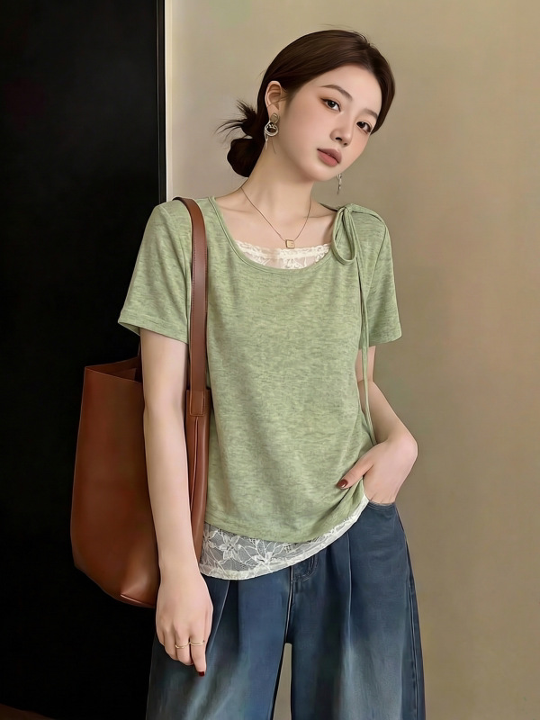 Áo thun tay ngắn nữ thiết kế ren nối giả hai lớp, phong cách Pháp thanh lịch — màu tím