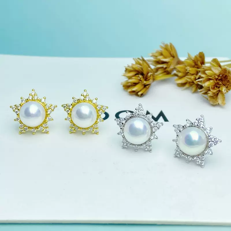 现货抖音锆石满镶雪花珍珠耳钉轻奢时尚气质百搭简约耳环批发耳钉