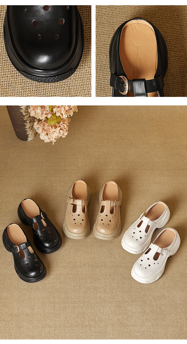 Dép sandal nữ đế bánh mì da bò mũi trùm quai chữ V — đen chi tiết 11